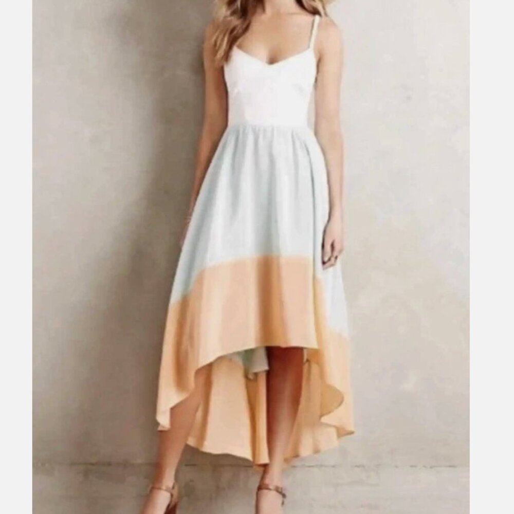 Hutch Anthropologie Capay Orange White Blue Colorblock Hi High Low Midi Dress S